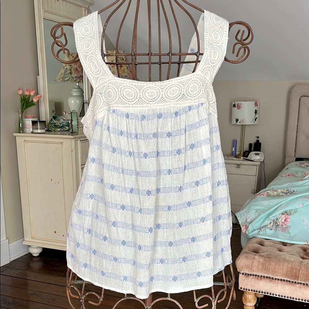 White and Blue Smocked Relaxed Tank Top